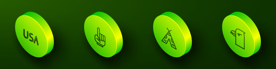 Set Isometric line USA label, Number 1 one fan hand glove, Indian teepee or wigwam and Eagle head icon. Vector © Kostiantyn