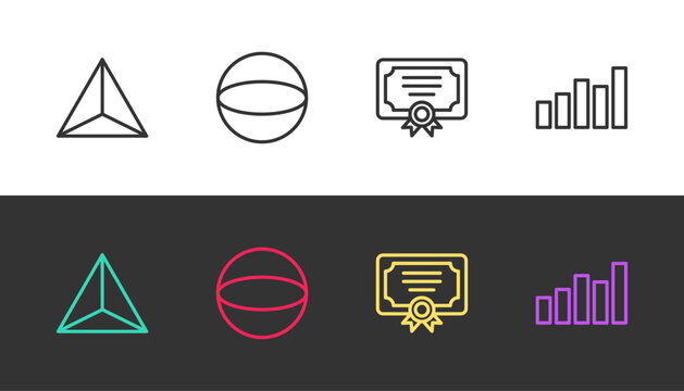 Set line Geometric figure Tetrahedron, Sphere, Certificate template and Graph, schedule, chart, diagram on black and white. Vector - Powered by Adobe