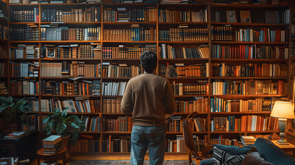Young man choosing book on shelf in home library