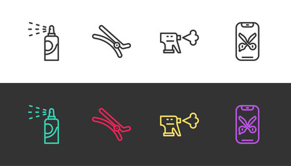 Set line Spray can for hairspray, Hair clip, Hairdresser pistol bottle and Barber online service platform on black and white. Vector