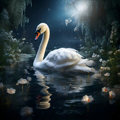 Beautiful white swan swimming in the lake. 3d rendering - obrazy, fototapety, plakaty