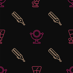Set line Cream cosmetic tube, Curling iron and Round makeup mirror on seamless pattern. Vector