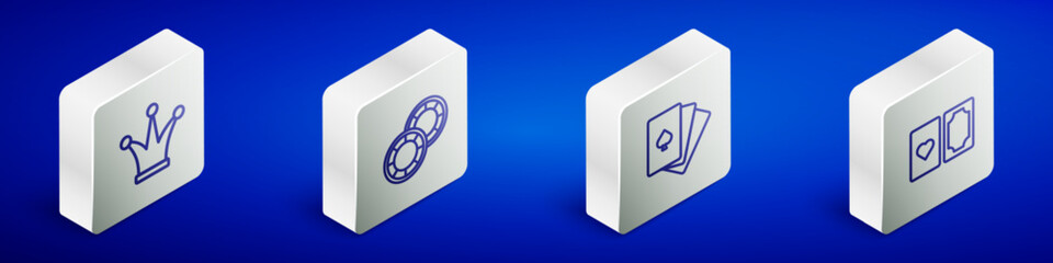 Set Isometric line Joker playing card, Casino chips, Deck of cards and icon. Vector