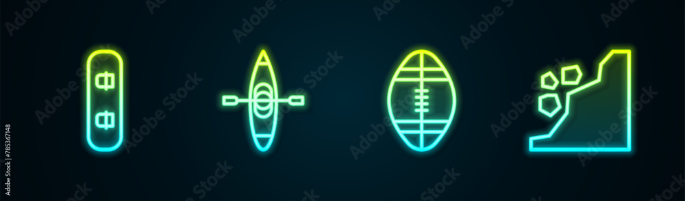 Poster set line snowboard, kayak or canoe, rugby ball and landslide. glowing neon icon. vector