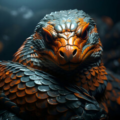 3D rendering of a fantasy dragon with orange and black skin.