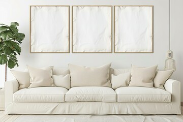 Frame Mockup Wall. Mockup frame in farmhouse living room interior. Interior mockup with rectangular vertical frame hanging on a white textured wall mockup house background.