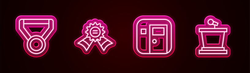 Set line Medal, , School classroom and Stage stand. Glowing neon icon. Vector