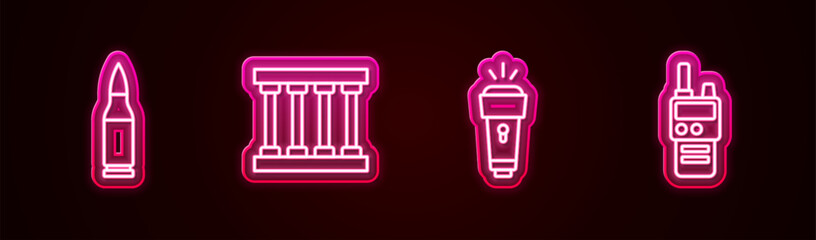 Set line Bullet, Prison window, Flashlight and Walkie talkie. Glowing neon icon. Vector
