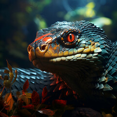 Portrait of a poisonous snake on a dark background with leaves. - obrazy, fototapety, plakaty
