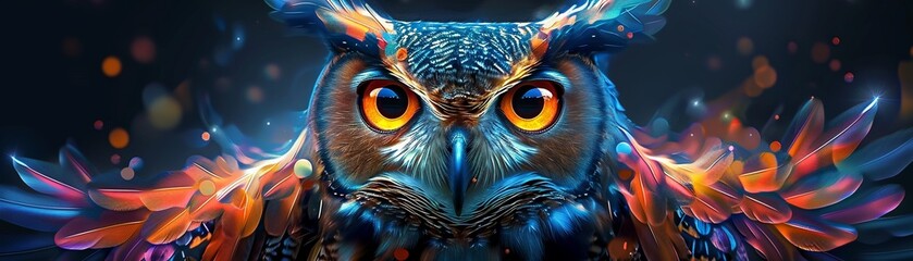 Neon iridescent owl, phantasmal and glowing, with vibrant colors lighting up the eerie darkness - obrazy, fototapety, plakaty
