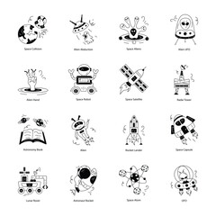 Set of Alien Invasion Doodle Icons

