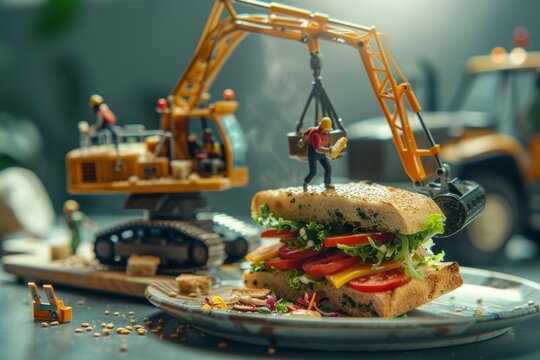 Intricate Scene of Miniature Construction Equipment Building a Sandwich on a Plate, with Tiny Workers and Machines in a Restaurant Setting.