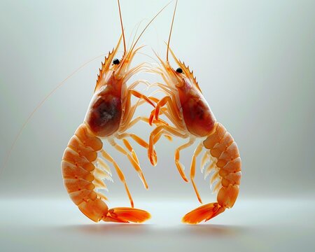 A lively scene of dancing shrimp in realistic HD, showcasing vibrant colors and dynamic poses against a clean, uncluttered background