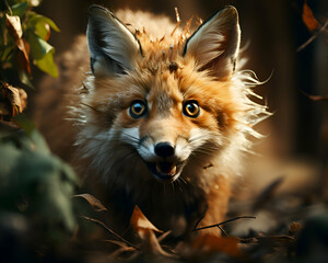 Red fox in the forest. Portrait of a wild animal.