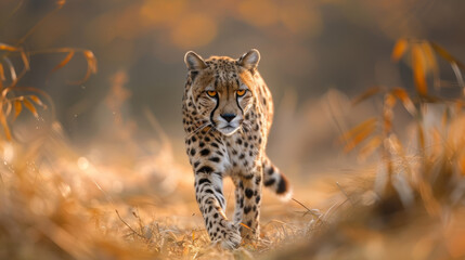 Fototapeta premium A cheetah is walking through a field of tall grass. The cheetah is the main focus of the image, and it is in a relaxed and confident mood