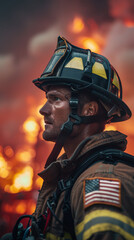 A firefighter is standing in front of a fire. He is wearing a helmet and a jacket with an American flag patch
