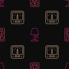 Set line Music player, Ampere meter, multimeter and Table lamp on seamless pattern. Vector