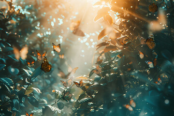 Many butterflies hiding in the leaves. soft lighting mysterious background