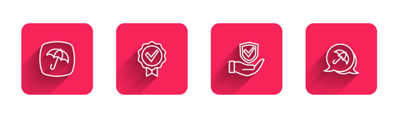Set line Umbrella, Approved and check mark, Shield in hand and with long shadow. Red square button. Vector