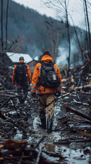 Two men in orange jackets and backpacks are walking through a forest. Scene is somber and serious, as the men are likely on a rescue mission or exploring a dangerous area