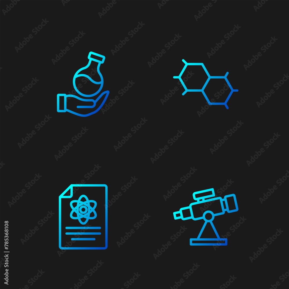 Wall mural set line telescope, chemistry report, test tube and chemical formula. gradient color icons. vector