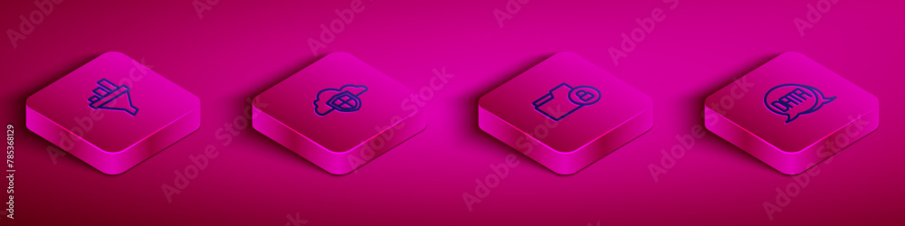 Poster set isometric line sales funnel with chart, cloud and shield, folder lock and data analysis icon. ve