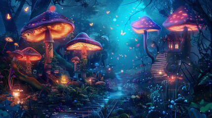 fantasy forest with giant mushrooms glowing fireflies and fairy houses digital art illustration