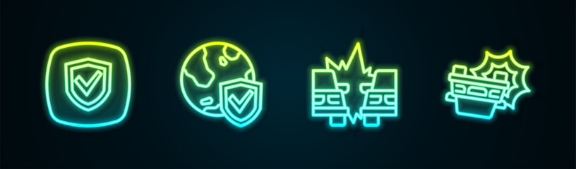 Set line Shield, with world globe, Car accident and . Glowing neon icon. Vector