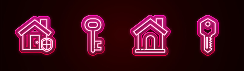 Set line House under protection, key, and . Glowing neon icon. Vector