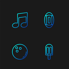 Set line Ice cream, Bowling ball, Music note, tone and American Football. Gradient color icons. Vector