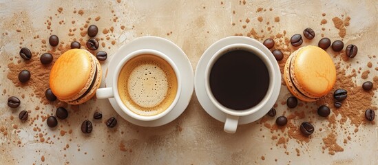 Two coffee cups, one with milk and the other with americano, accompanied by biscuits for a cozy moment ☕🍪 #CoffeeTime - obrazy, fototapety, plakaty