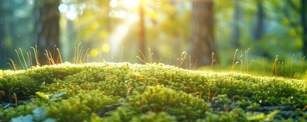 Beautiful view of the blossoming moss in wild woodland.