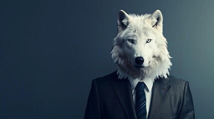 fashionable white wolf in elegant suit and tie anthropomorphic animal portrait