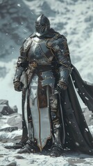 Fototapeta premium A knight in full silver armor stands majestically amidst a snowy landscape ❄️⚔️ Conjuring images of medieval valor and frozen beauty. #KnightInSnow