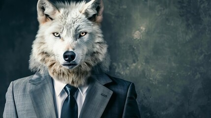 fashionable white wolf in elegant suit and tie anthropomorphic animal portrait - obrazy, fototapety, plakaty