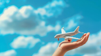 childs hand holding toy airplane against blue sky with clouds travel the world concept digital illustration