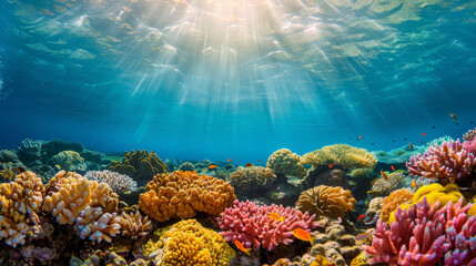 Fototapeta premium A colorful coral reef with many different types of fish swimming around. The sun is shining brightly, creating a warm and inviting atmosphere