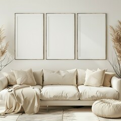 Frame Mockup Wall. Mockup frame in farmhouse living room interior. Interior mockup with rectangular vertical frame hanging on a white textured wall mockup house background.