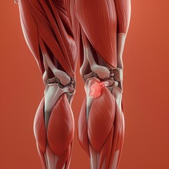 Thigh muscles rendered in detail, featuring an injury site distinctly marked by a dark red hue, suggesting acute discomfort or injury ,close up