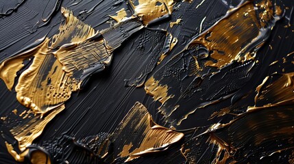 closeup of abstract rough gold black art painting texture with palette knife paint strokes on canvas - obrazy, fototapety, plakaty