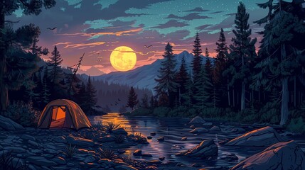 Vivid s capturing the adventurous spirits of wild camping trips, with bold colors and intricate details