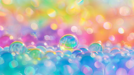 Colorful background with colorful soap bubble shining. Rainbow and pastel color background with blurred bokeh effect. Web banner with empty space for text. Product shot.