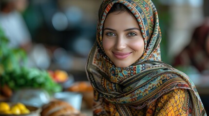 Cheerful Muslim woman enjoys in lunch with her family at home