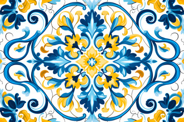 Pattern of azulejos tiles. Rustic blue and yellow tile watercolor seamless pattern. 