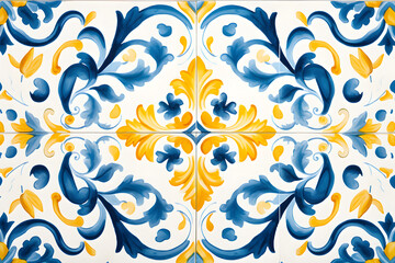 Pattern of azulejos tiles. Rustic blue and yellow tile watercolor seamless pattern. 