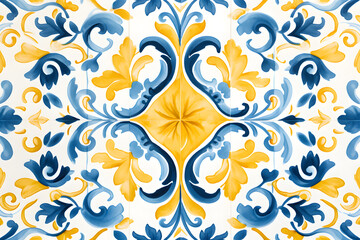Pattern of azulejos tiles. Rustic blue and yellow tile watercolor seamless pattern. 