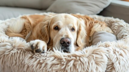 Obraz premium Comfortable dog sleeping in a fluffy bed - Heartwarming image of a dog's blurry face, nestled in a fuzzy, inviting pet bed, exuding comfort and coziness