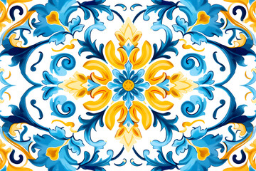 Pattern of azulejos tiles. Rustic blue and yellow tile watercolor seamless pattern. 