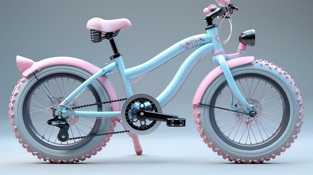 a blue and pink bicycle with a pink seat and fenders