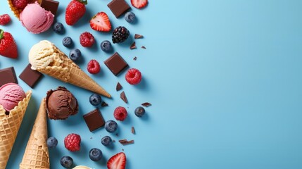 Various ice creams in cones with fruit and chocolate on a blue background.